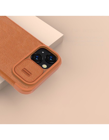 Nillkin Qin odinis profesionalus dėklas iPhone 14 fotoaparato dėklas, dėklas, atverčiamas dėklas, rudas Nillkin Qin odinis profesionalus dėklas iPhone 14 fotoaparato dėklas, dėklas, atverčiamas dėklas, rudas