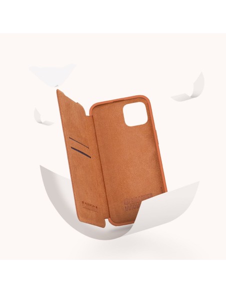 Nillkin Qin odinis profesionalus dėklas iPhone 14 fotoaparato dėklas, dėklas, atverčiamas dėklas, rudas Nillkin Qin odinis profesionalus dėklas iPhone 14 fotoaparato dėklas, dėklas, atverčiamas dėklas, rudas