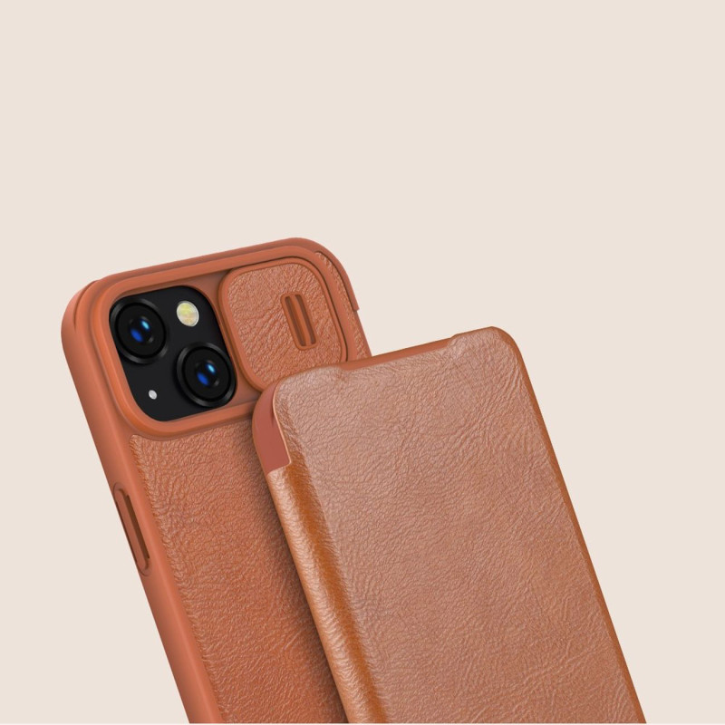Nillkin Qin odinis profesionalus dėklas iPhone 14 fotoaparato dėklas, dėklas, atverčiamas dėklas, rudas