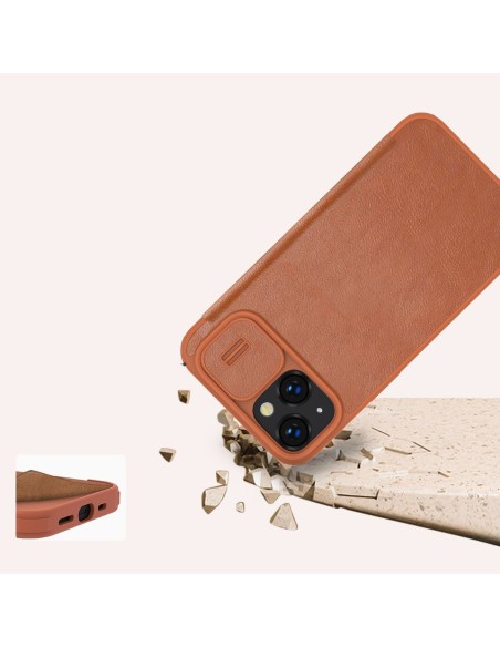 Nillkin Qin odinis profesionalus dėklas iPhone 14 fotoaparato dėklas, dėklas, atverčiamas dėklas, rudas Nillkin Qin odinis profesionalus dėklas iPhone 14 fotoaparato dėklas, dėklas, atverčiamas dėklas, rudas
