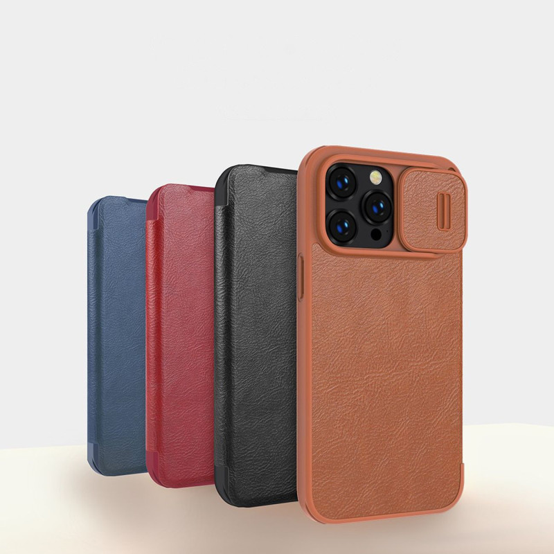 Nillkin Qin odinis profesionalus dėklas iPhone 14 Pro fotoaparato dėklas, dėklas, atverčiamas dėklas, rudas