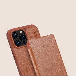 Nillkin Qin odinis profesionalus dėklas iPhone 14 Pro fotoaparato dėklas, dėklas, atverčiamas dėklas, rudas