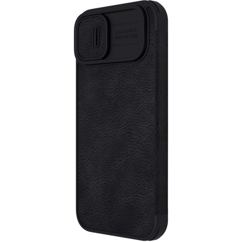 „Nillkin Qin Leather Pro Case iPhone 14 Plus“ fotoaparato dėklas, dėklas, atverčiamas juodas dėklas