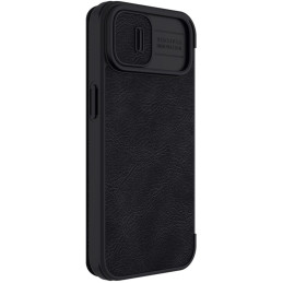 „Nillkin Qin Leather Pro Case iPhone 14 Plus“ fotoaparato dėklas, dėklas, atverčiamas juodas dėklas