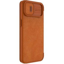 Nillkin Qin odinis pro dėklas iPhone 14 Plus fotoaparato dangtelis, dėklas, atverčiamas dėklas, rudas