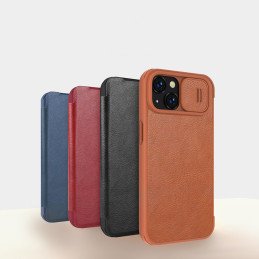 Nillkin Qin odinis pro dėklas iPhone 14 Plus fotoaparato dangtelis, dėklas, atverčiamas dėklas, rudas