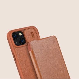 Nillkin Qin odinis pro dėklas iPhone 14 Plus fotoaparato dangtelis, dėklas, atverčiamas dėklas, rudas