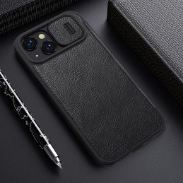 Nillkin Qin odinis pro dėklas iPhone 14 Plus fotoaparato dangtelis, dėklas, atverčiamas dėklas, rudas