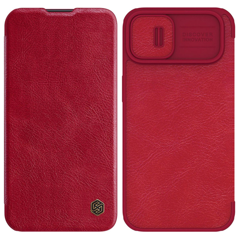 Nillkin Qin Leather Pro Case iPhone 14 Plus fotoaparato dangtelio dėklo dangtelio atverčiamas dėklas raudonas
