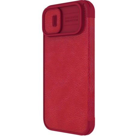 Nillkin Qin Leather Pro Case iPhone 14 Plus fotoaparato dangtelio dėklo dangtelio atverčiamas dėklas raudonas