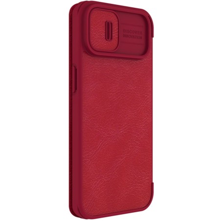 Nillkin Qin Leather Pro Case iPhone 14 Plus fotoaparato dangtelio dėklo dangtelio atverčiamas dėklas raudonas