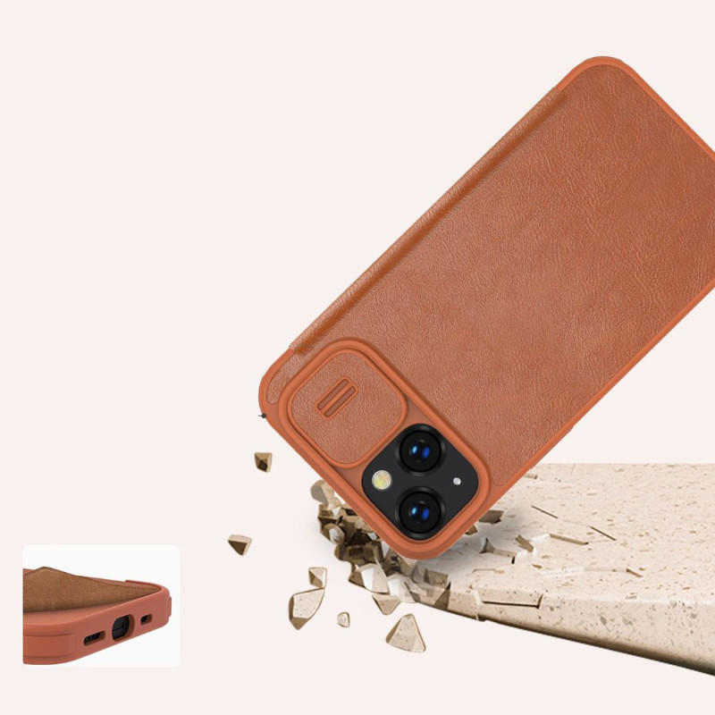 Nillkin Qin Leather Pro Case iPhone 14 Plus fotoaparato dangtelio dėklo dangtelio atverčiamas dėklas raudonas