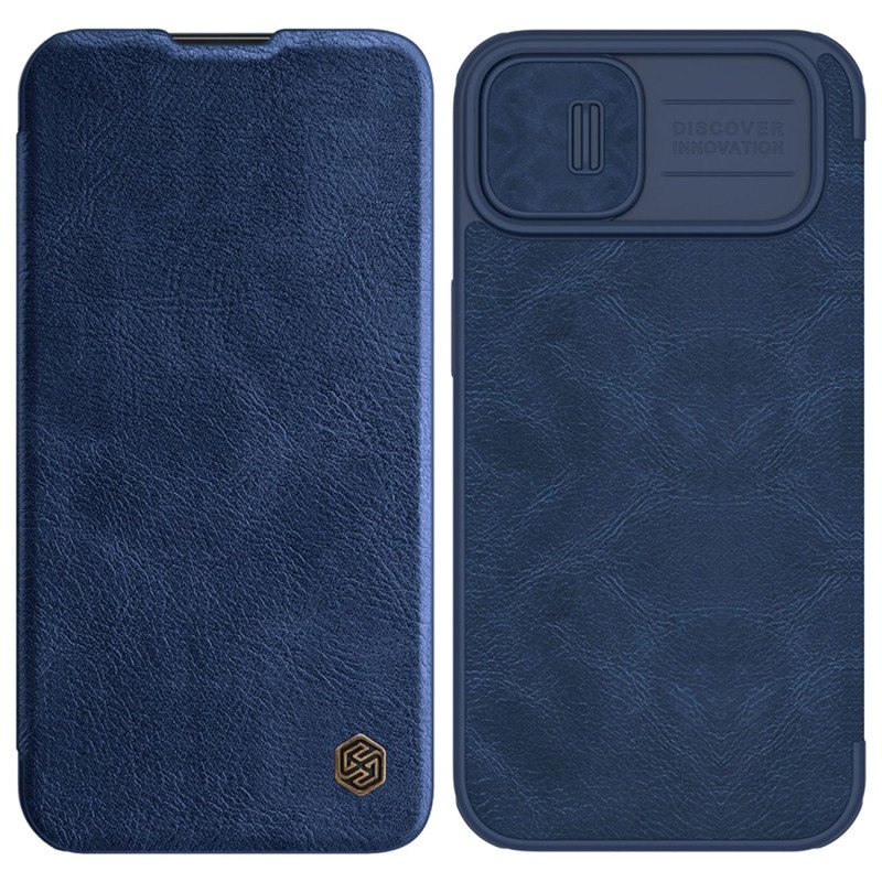 Nillkin Qin Leather Pro Case iPhone 14 Plus fotoaparato dangtelio dėklo dangtelio atverčiamas dėklas mėlynas