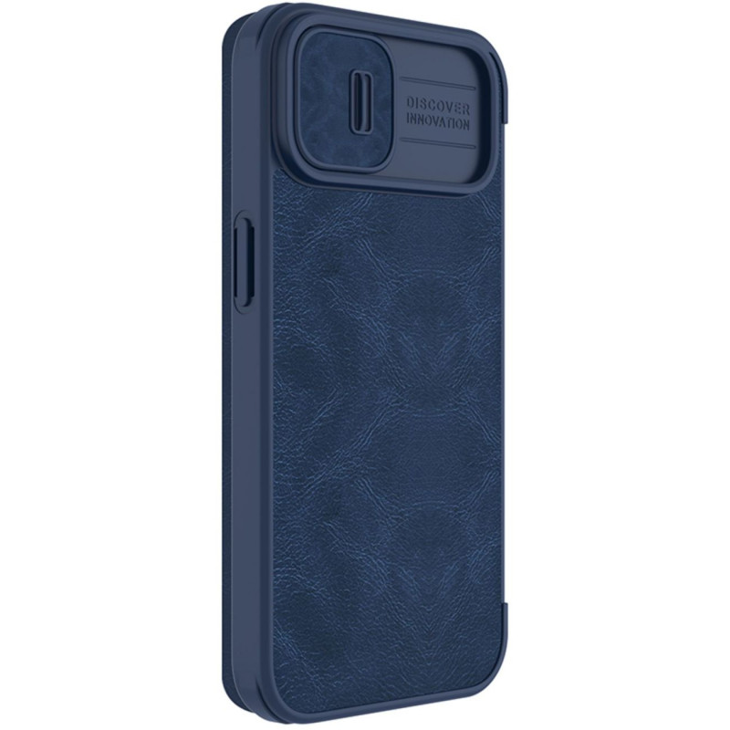 Nillkin Qin Leather Pro Case iPhone 14 Plus fotoaparato dangtelio dėklo dangtelio atverčiamas dėklas mėlynas