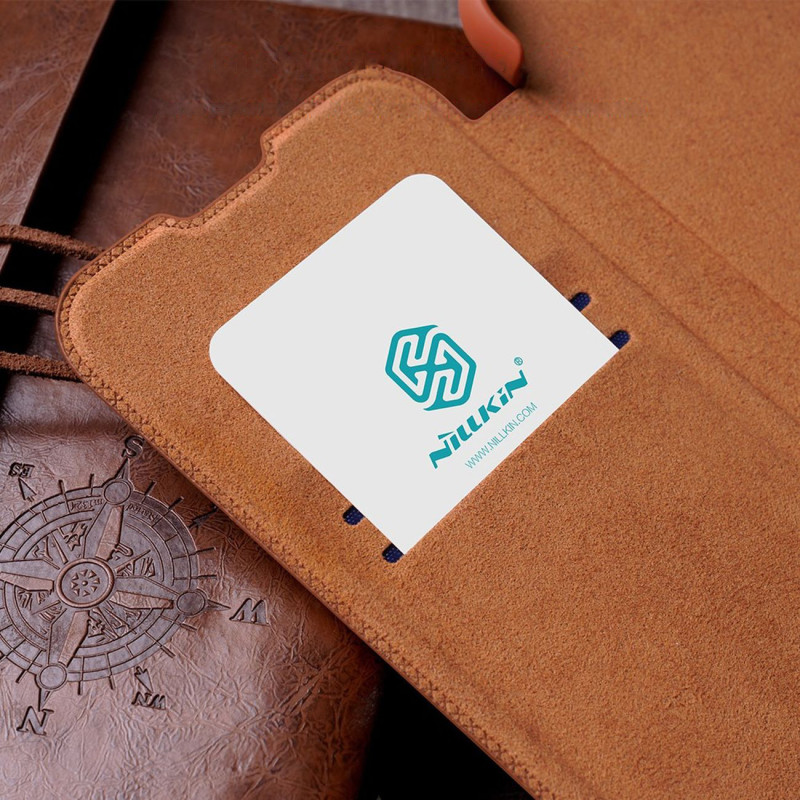 Nillkin Qin Leather Pro Case iPhone 14 Plus fotoaparato dangtelio dėklo dangtelio atverčiamas dėklas mėlynas