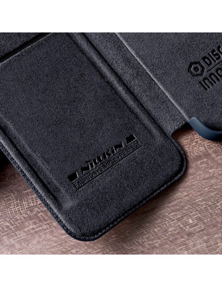 Nillkin Qin Leather Pro Case iPhone 14 Plus fotoaparato dangtelio dėklo dangtelio atverčiamas dėklas mėlynas