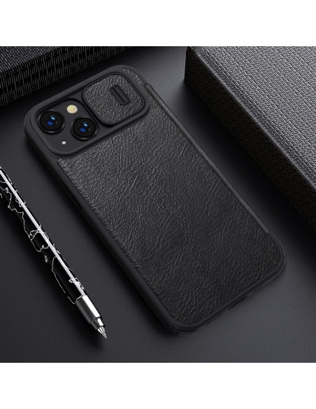 Nillkin Qin Leather Pro Case iPhone 14 Plus fotoaparato dangtelio dėklo dangtelio atverčiamas dėklas mėlynas