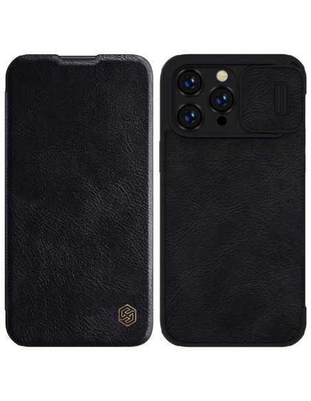Nillkin Qin odinis profesionalus dėklas iPhone 14 Pro Max fotoaparato dėklas, dėklas, atverčiamas dėklas, juodas