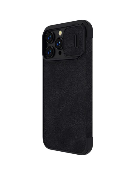 Nillkin Qin odinis profesionalus dėklas iPhone 14 Pro Max fotoaparato dėklas, dėklas, atverčiamas dėklas, juodas