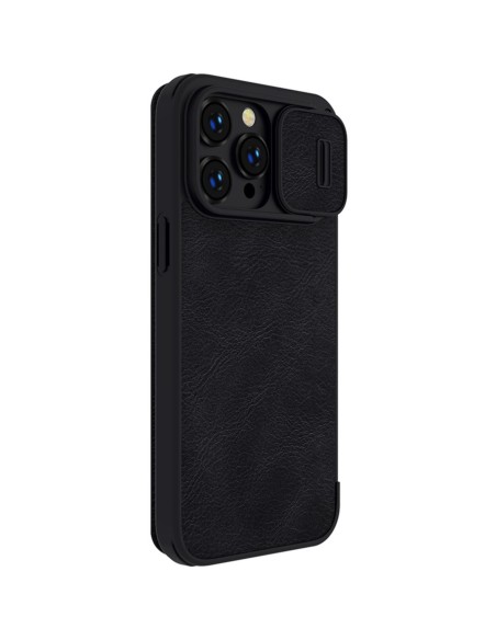 Nillkin Qin odinis profesionalus dėklas iPhone 14 Pro Max fotoaparato dėklas, dėklas, atverčiamas dėklas, juodas