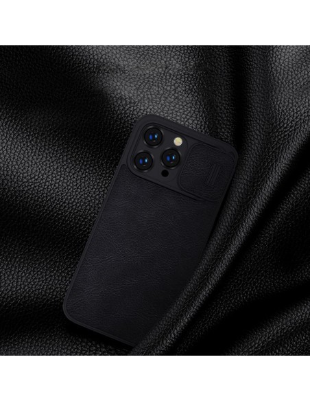 Nillkin Qin odinis profesionalus dėklas iPhone 14 Pro Max fotoaparato dėklas, dėklas, atverčiamas dėklas, juodas
