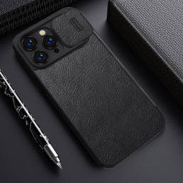 Nillkin Qin odinis profesionalus dėklas iPhone 14 Pro Max fotoaparato dėklas, dėklas, atverčiamas dėklas, juodas