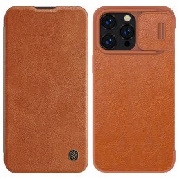Nillkin Qin odinis profesionalus dėklas iPhone 14 Pro Max fotoaparato dangtelis, dėklas, atverčiamas dėklas, rudas