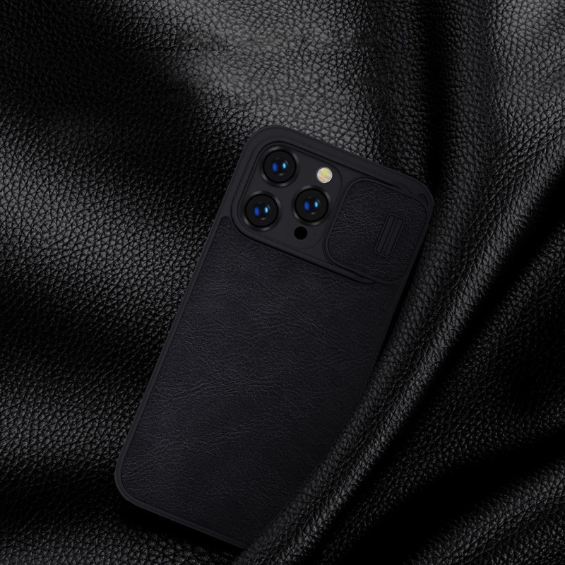 Nillkin Qin odinis profesionalus dėklas iPhone 14 Pro Max fotoaparato dangtelis, dėklas, atverčiamas dėklas, rudas