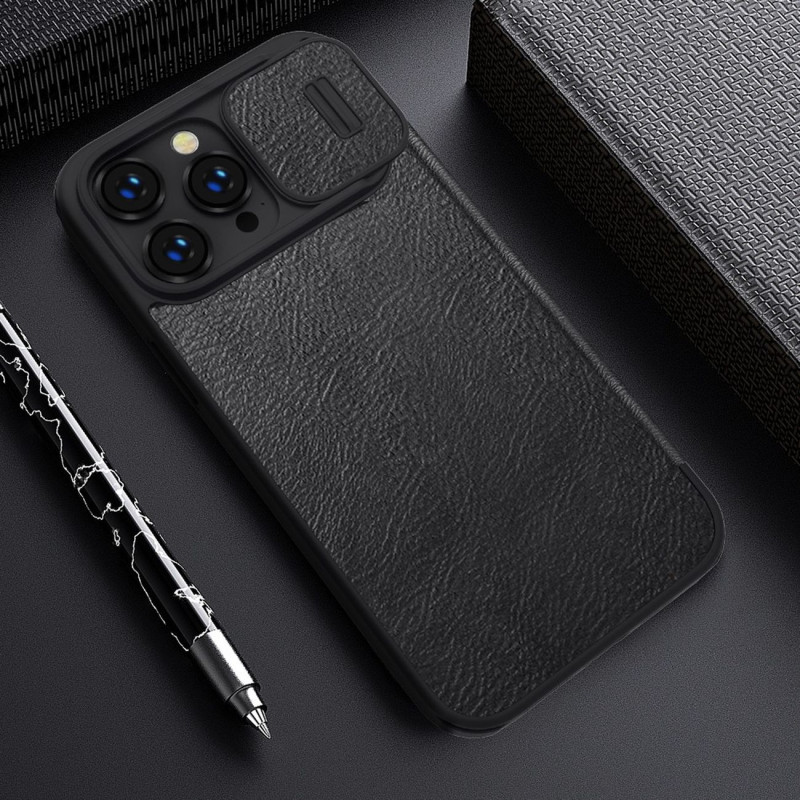 Nillkin Qin odinis profesionalus dėklas iPhone 14 Pro Max fotoaparato dangtelis, dėklas, atverčiamas dėklas, rudas