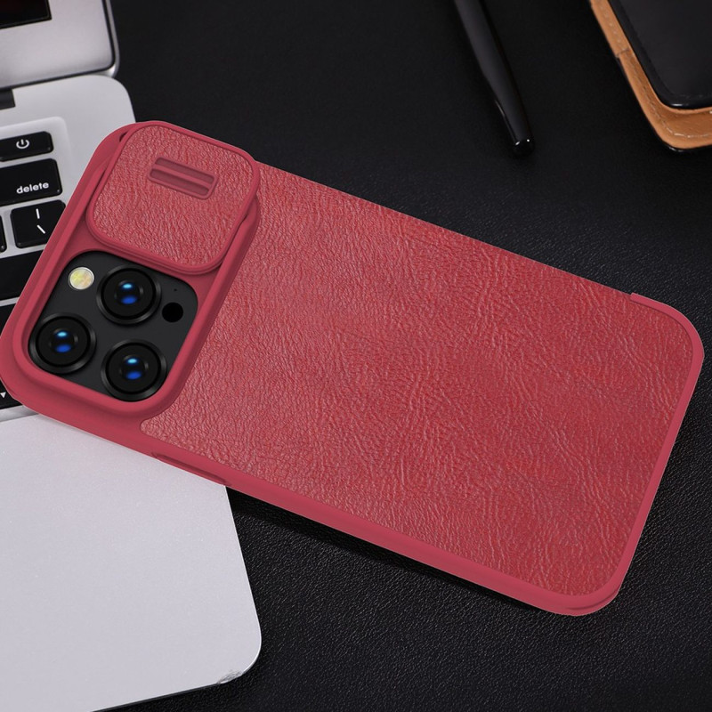 Nillkin Qin Leather Pro Case iPhone 14 Pro Max fotoaparato dangtelis Dėklas Apverčiamas dėklas raudonas