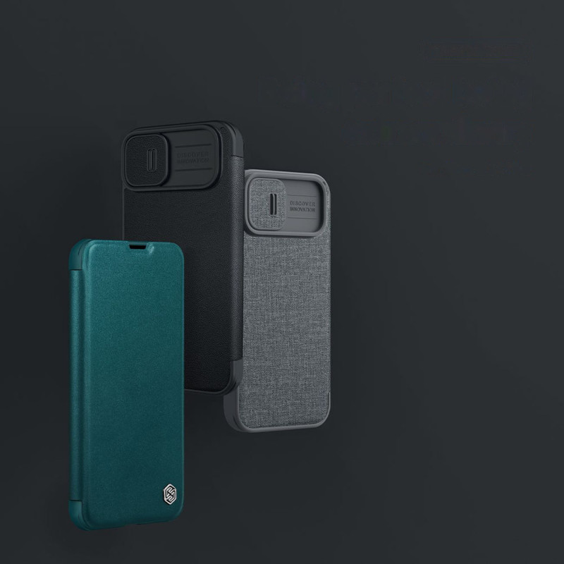 Nillkin Qin Leather Pro Case iPhone 14 Plus fotoaparato dangtelio dėklo dangtelio atverčiamas dėklas žalias