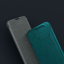 Nillkin Qin Leather Pro Case iPhone 14 Plus fotoaparato dangtelio dėklo dangtelio atverčiamas dėklas žalias