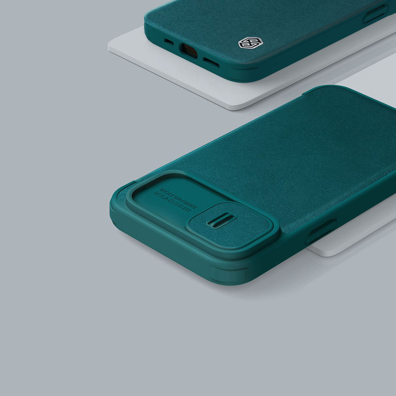 Nillkin Qin Leather Pro Case iPhone 14 Plus fotoaparato dangtelio dėklo dangtelio atverčiamas dėklas žalias