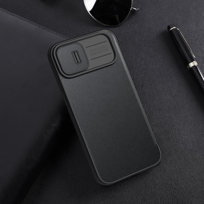 Nillkin Qin Leather Pro Case iPhone 14 Plus fotoaparato dangtelio dėklo dangtelio atverčiamas dėklas žalias