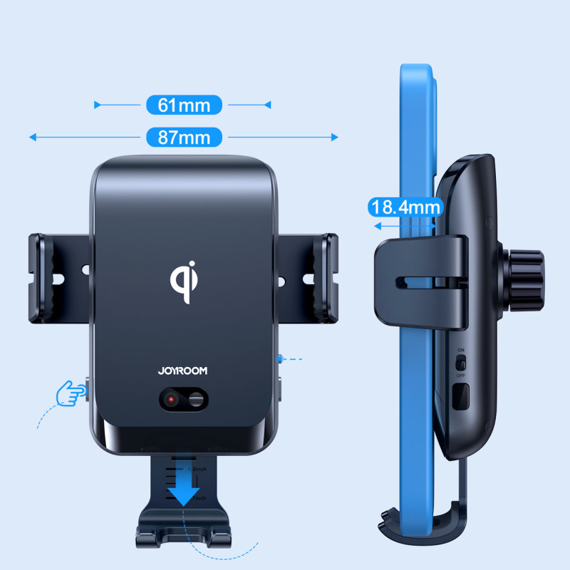 Automobilinis laikiklis su ventiliacinėmis grotelėmis su 15W Qi belaidžiu įkrovikliu