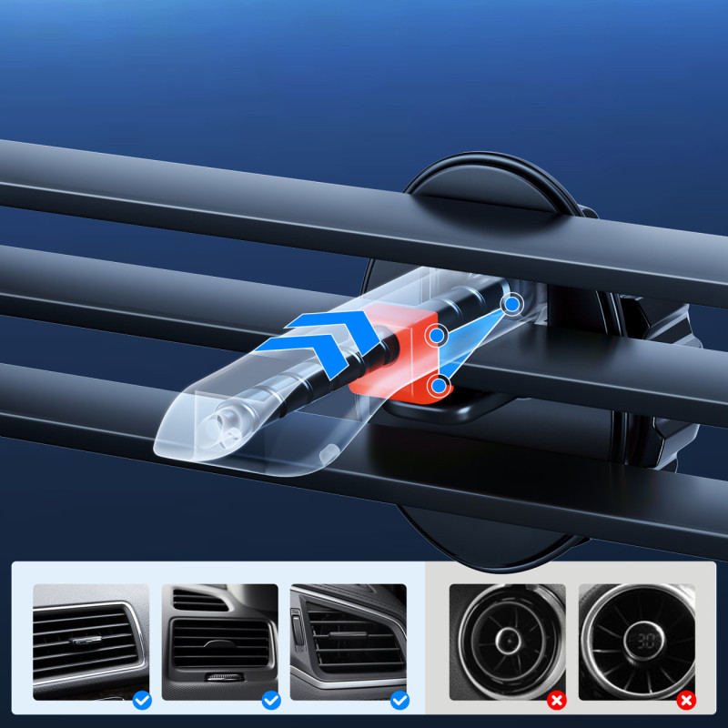 Automobilinis laikiklis su ventiliacinėmis grotelėmis su 15W Qi belaidžiu įkrovikliu