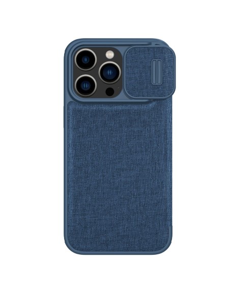 „Nillkin Qin Cloth Pro“ dėklas, skirtas „iPhone 14 Pro Max“ fotoaparato dangtelio dėklas, atverčiamas mėlynas dėklas „Nillkin Qin Cloth Pro“ dėklas, skirtas „iPhone 14 Pro Max“ fotoaparato dangtelio dėklas, atverčiamas mėlynas dėklas