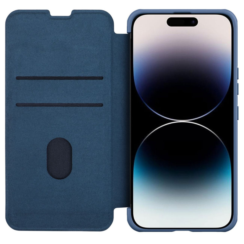 „Nillkin Qin Cloth Pro“ dėklas, skirtas „iPhone 14 Pro Max“ fotoaparato dangtelio dėklas, atverčiamas mėlynas dėklas