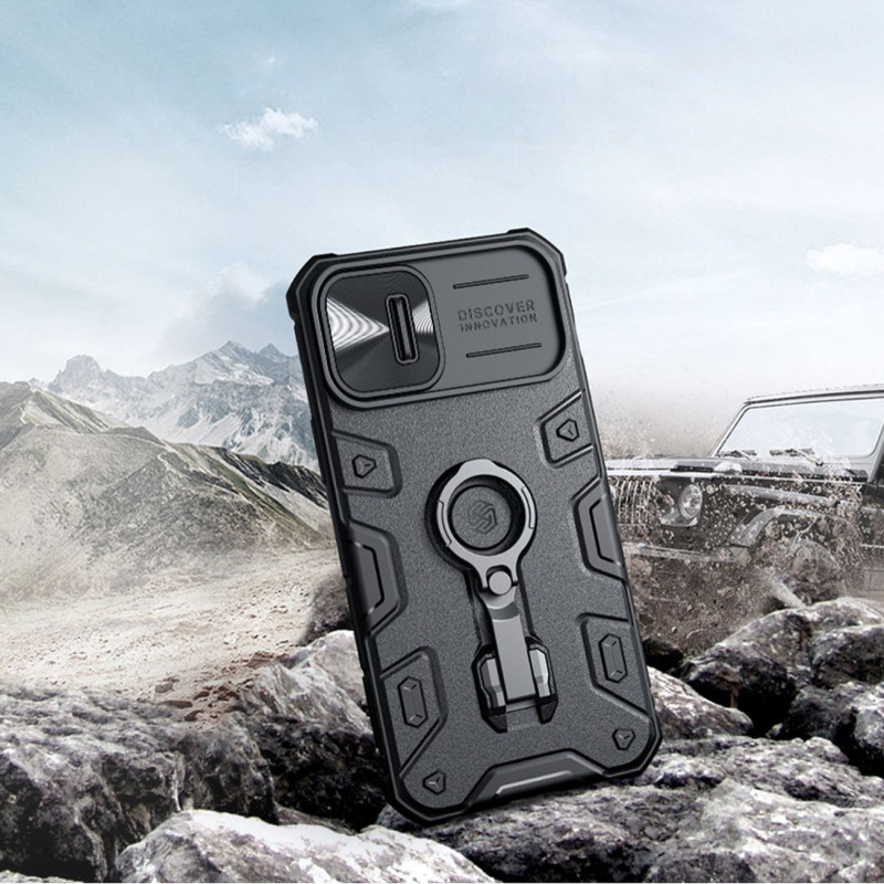 Nillkin CamShield Armor Pro Case iPhone 14 dėklo šarvuotas dangtelis su fotoaparato dangtelio žiedo stovu mėlynas