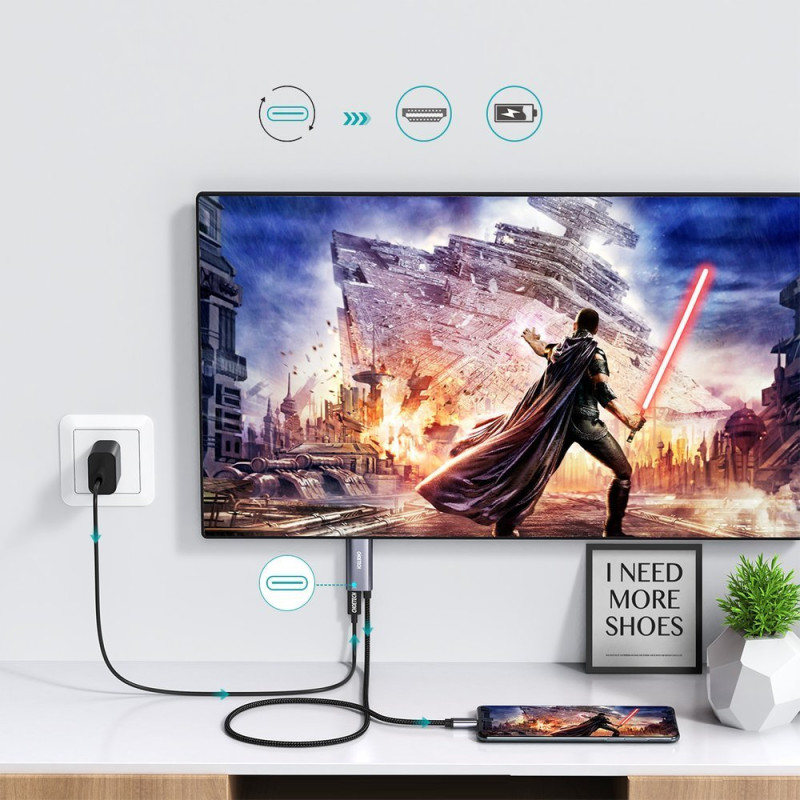Adapteris USB Type C – HDMI 4K + USB Type C PD, skirtas MacBook PC 1,8m pilkas