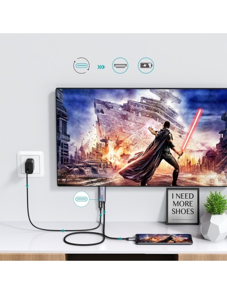 Adapteris USB Type C – HDMI 4K + USB Type C PD, skirtas MacBook PC 1,8m pilkas Adapteris USB Type C – HDMI 4K + USB Type C PD, skirtas MacBook PC 1,8m pilkas