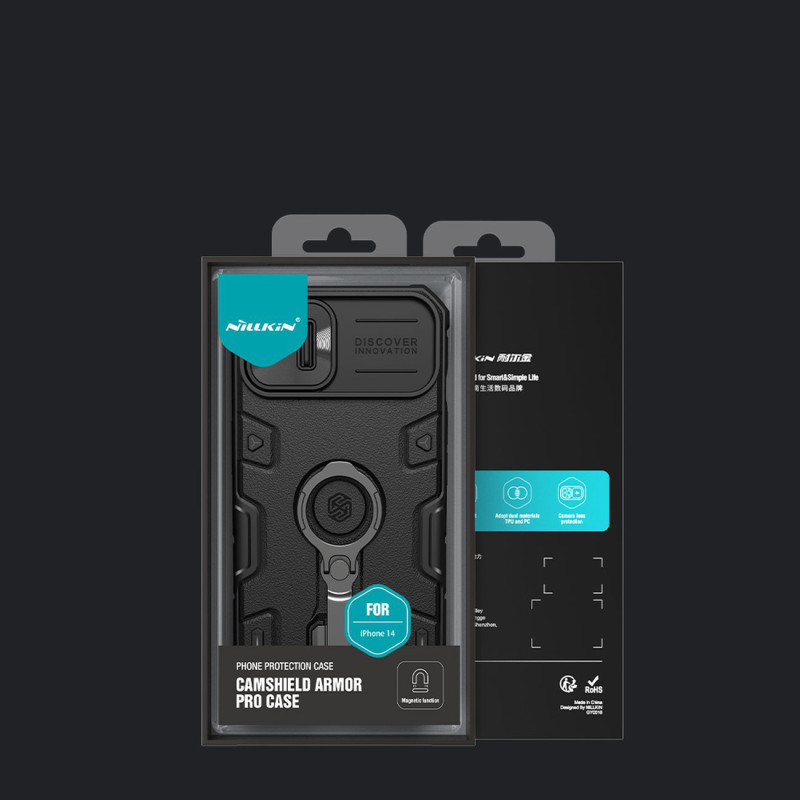 Nillkin CamShield Armor Pro magnetinis dėklas iPhone 14 MagSafe šarvuotas dangtelio stovo žiedas juodas