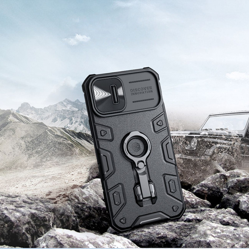 Nillkin CamShield Armor Pro magnetinis dėklas iPhone 14 MagSafe šarvuotas dangtelio stovo žiedas juodas