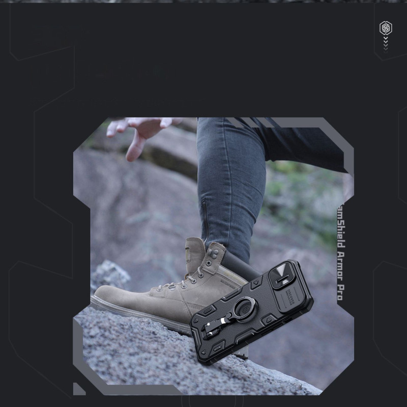 Nillkin CamShield Armor Pro magnetinis dėklas iPhone 14 MagSafe šarvuotas dangtelio stovo žiedas juodas