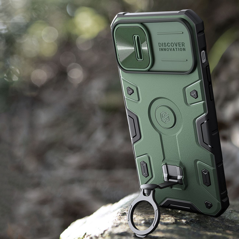 Nillkin CamShield Armor Pro magnetinis dėklas iPhone 14 MagSafe šarvuotas dangtelio stovo žiedas juodas