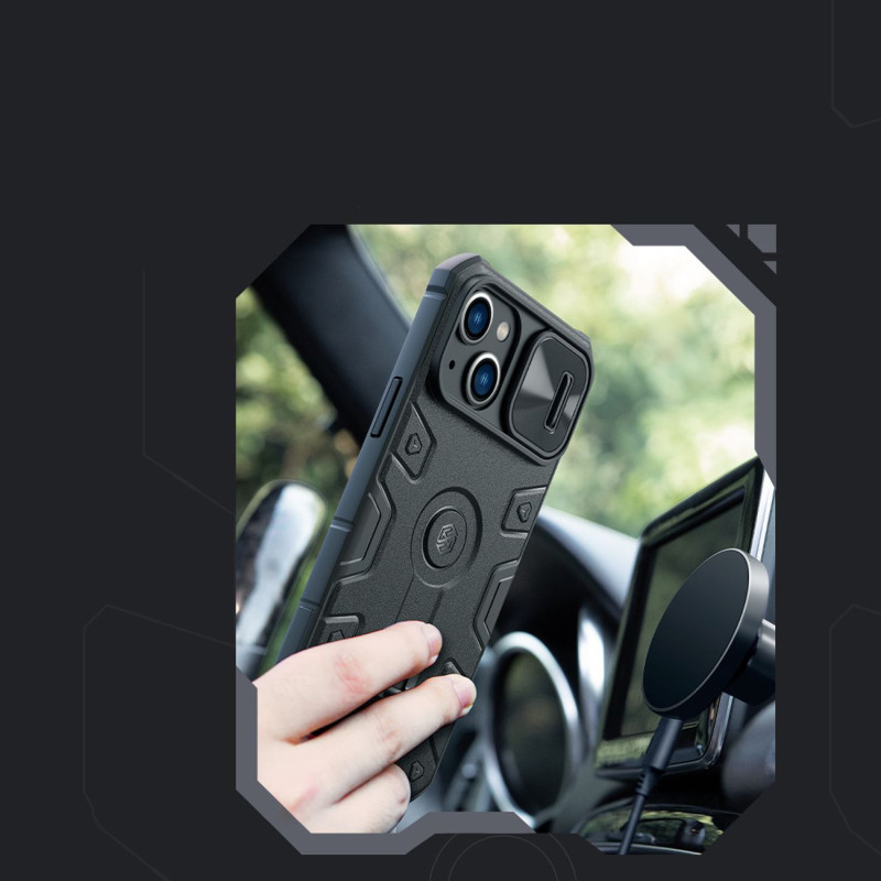 Nillkin CamShield Armor Pro magnetinis dėklas iPhone 14 MagSafe šarvuotas dangtelio stovo žiedas juodas