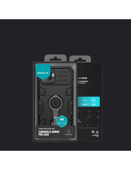 Nillkin CamShield Armor Pro magnetinis dėklas iPhone 14 Plus MagSafe šarvuotos dangtelio stovo žiedas juodas Nillkin CamShield Armor Pro magnetinis dėklas iPhone 14 Plus MagSafe šarvuotos dangtelio stovo žiedas juodas
