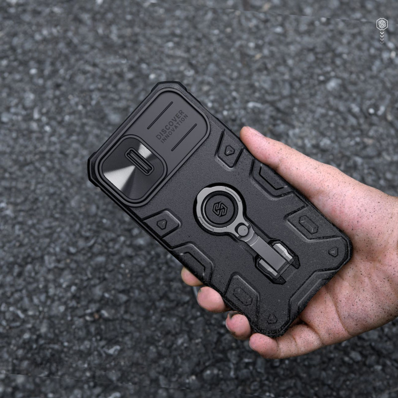 Nillkin CamShield Armor Pro magnetinis dėklas iPhone 14 Plus MagSafe šarvuotos dangtelio stovo žiedas juodas