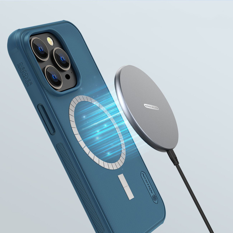 Nillkin Super Frosted Shield Pro magnetinis dėklas, skirtas iPhone 14 Pro Max su MagSafe magnetine mėlyna spalva