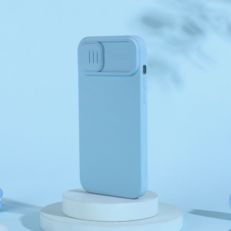 Nillkin CamShield magnetinis silikoninis dėklas iPhone 14 magnetinis MagSafe dangtelis su fotoaparato apsauga mėlyna
